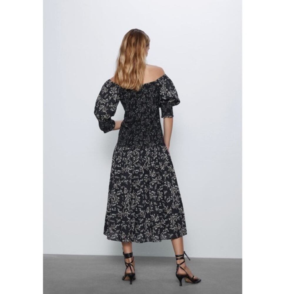 NWOT ZARA Dress M Linen Floral Off/On-Shoulder Puff-1/2-Sleeve Fit&Flare Smocked - Picture 2 of 14